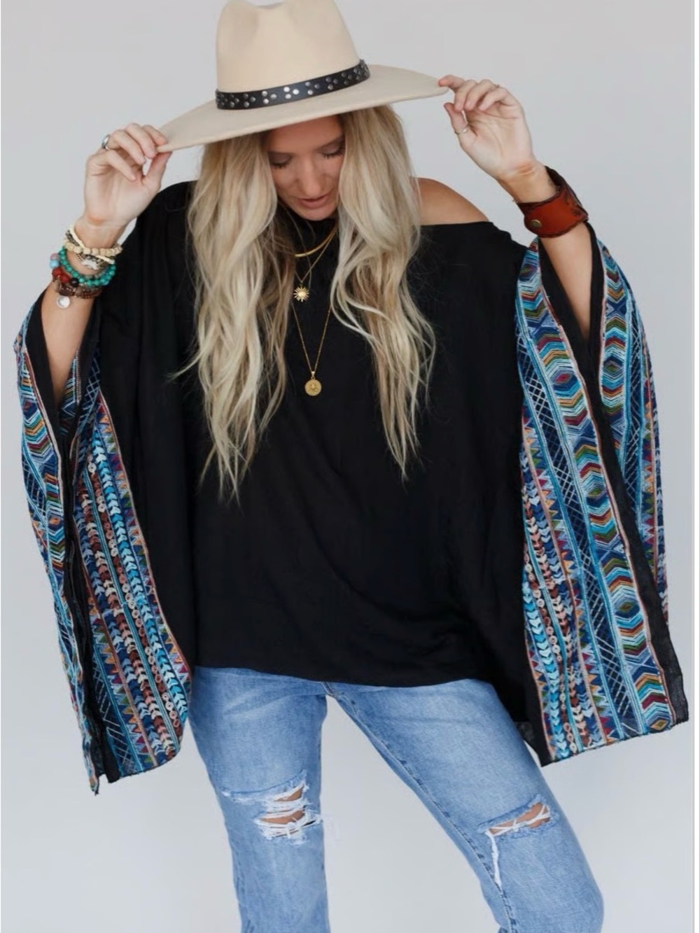 Fallon Embroidered Sleeve Off-Shoulder Women’s Top - Black